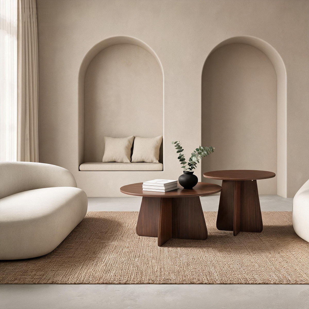 Round Nesting Coffee Table Set of 2 with Cross Bases – Walnut