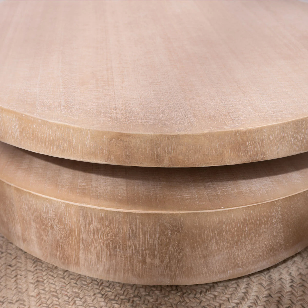 31.3" Modern Round Coffee Table with Sculptural Layered Base – Natural Wood Finish