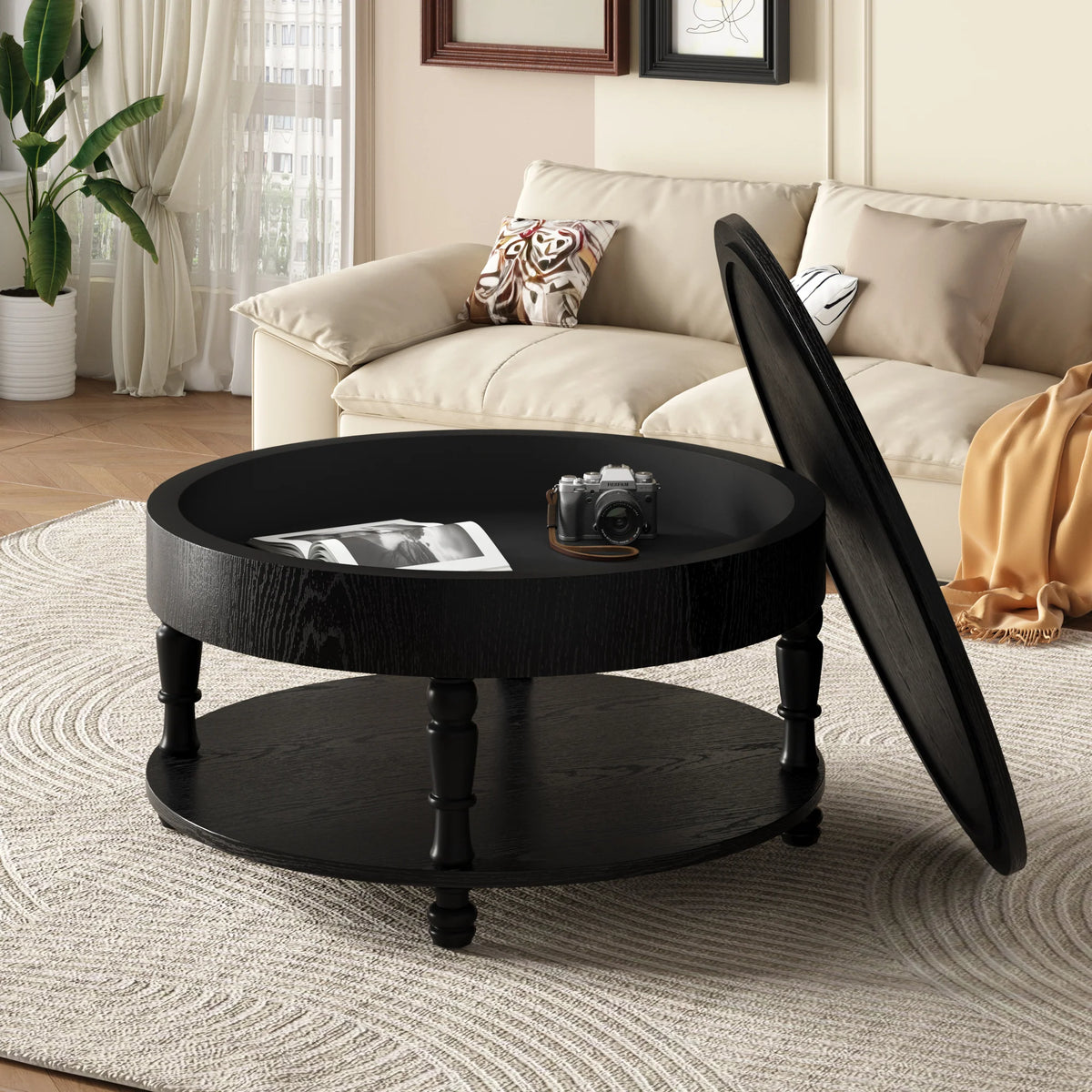 31.5" Round Coffee Table with Storage & Open Shelf