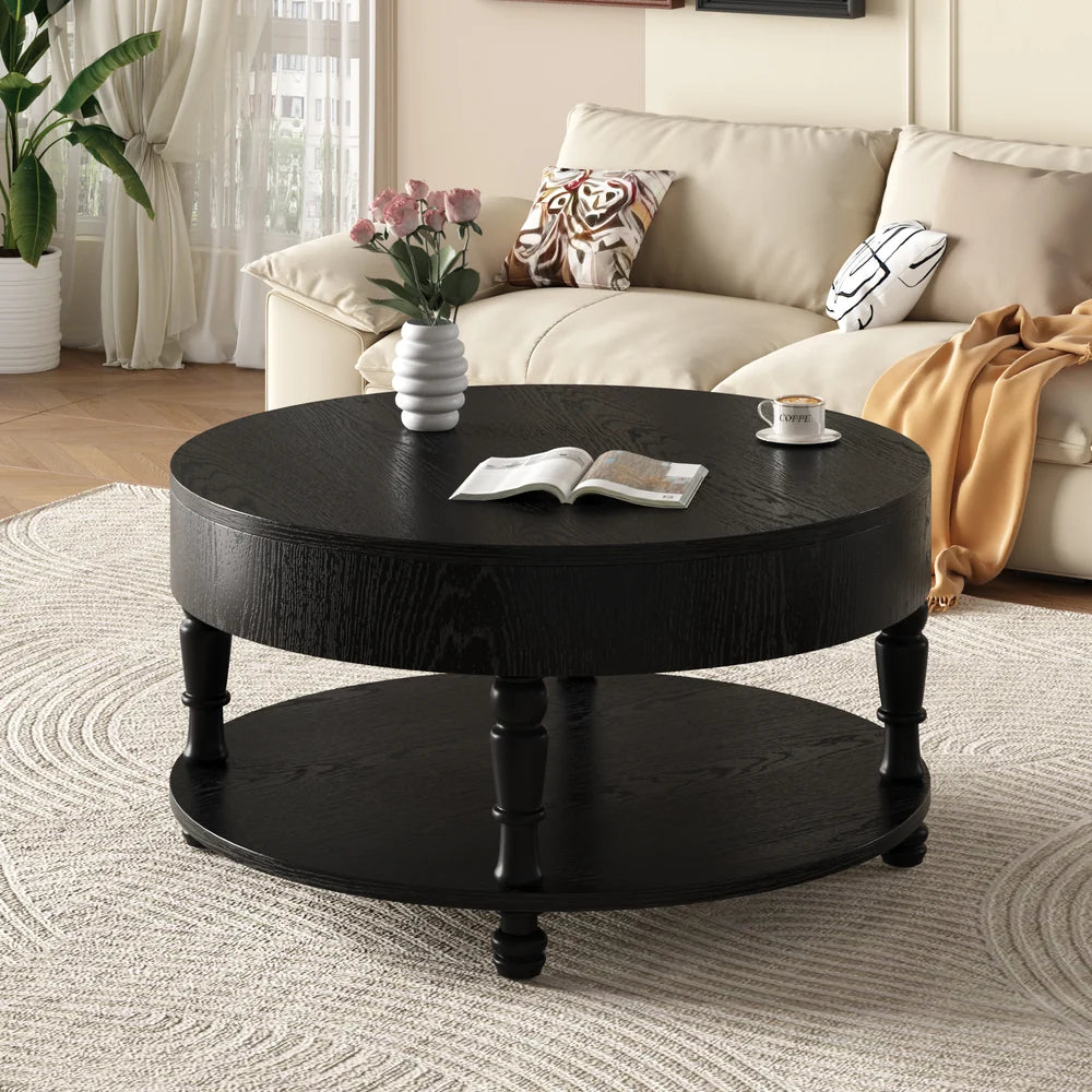 31.5" Round Coffee Table with Storage & Open Shelf