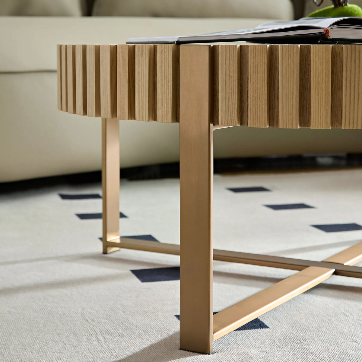 31.5" Round Fluted Coffee Table with Metal Cross Base