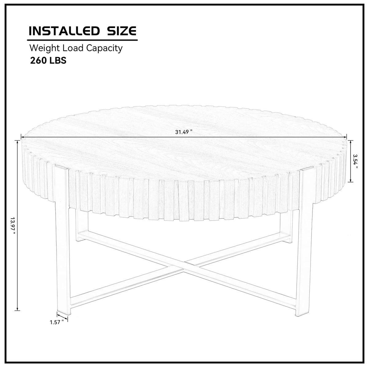 31.5" Round Fluted Coffee Table with Metal Cross Base