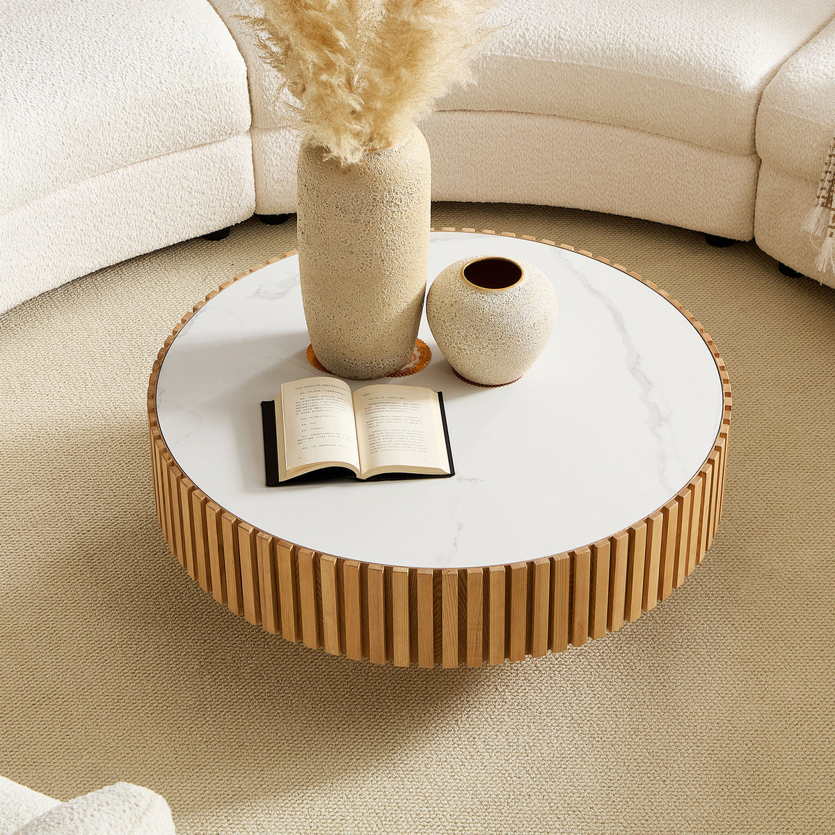 35.43" Round Fluted Coffee Table with Sintered Stone Top – Natural Oak Finish