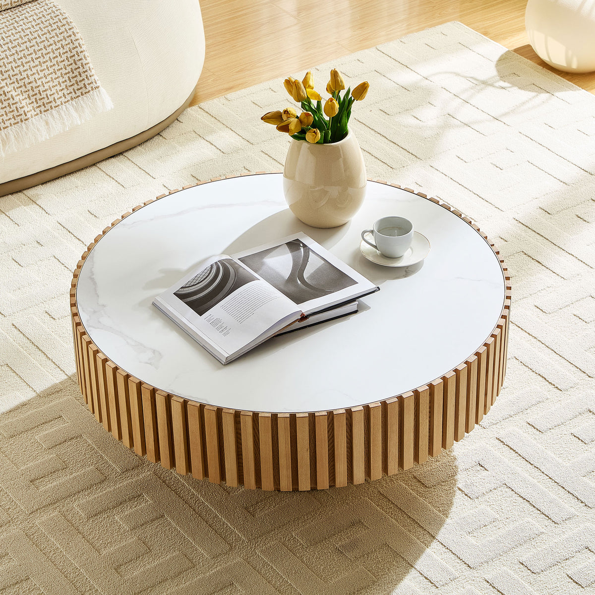 35.43" Round Fluted Coffee Table with Sintered Stone Top – Natural Oak Finish