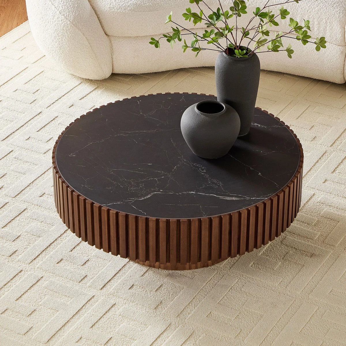 35.43" Round Fluted Coffee Table with Sintered Stone Top – Natural Oak Finish
