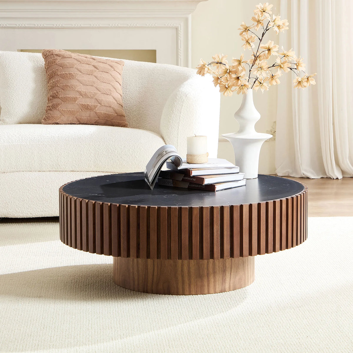 35.43" Round Fluted Coffee Table with Sintered Stone Top – Natural Oak Finish