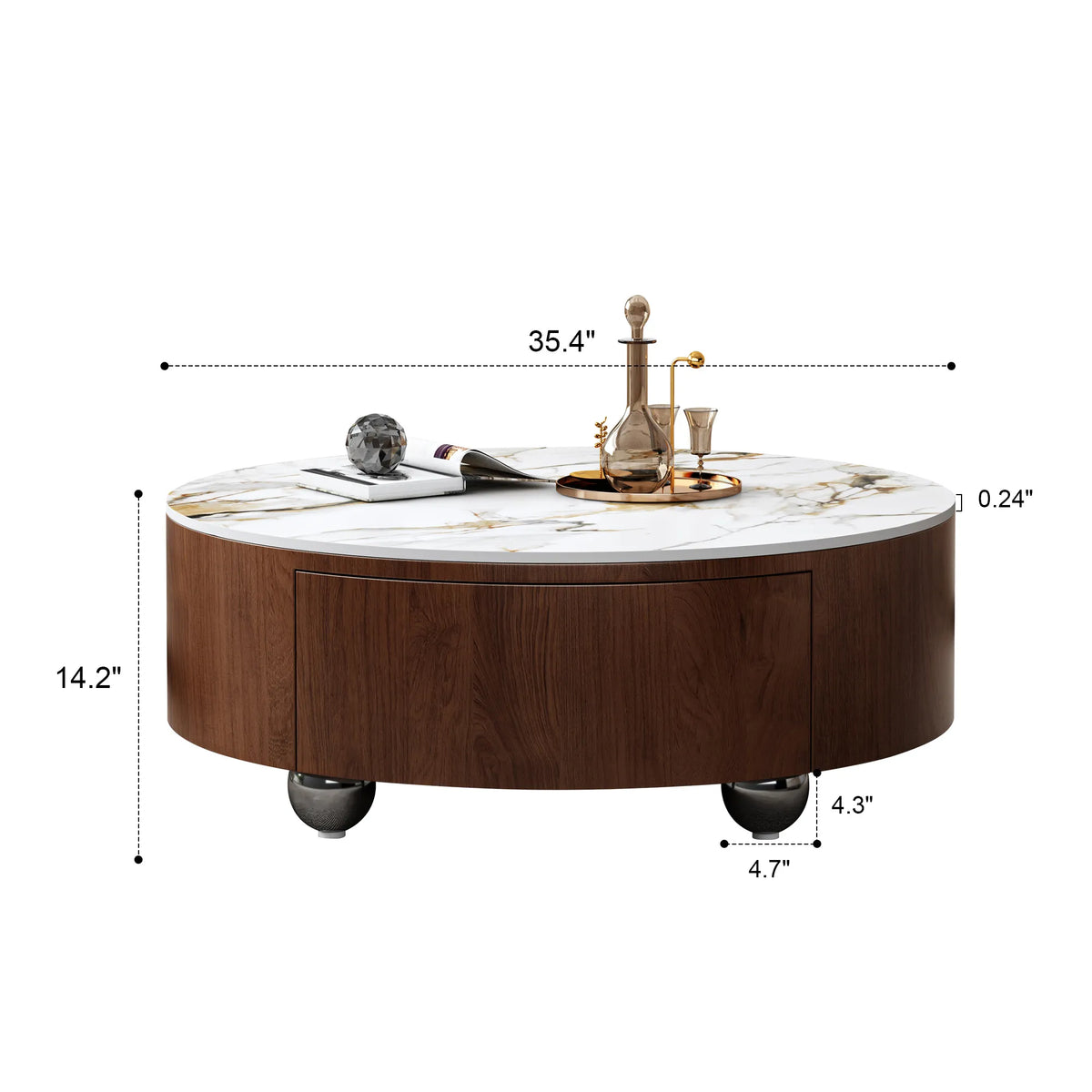 35.4" Round Coffee Table with 2 Storage Drawers & Marble-Look Top