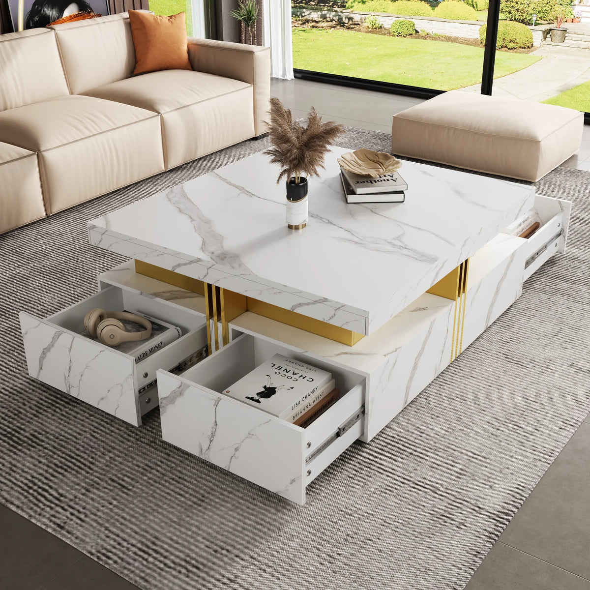43.3" Modern Square Coffee Table with 4 Storage Drawers