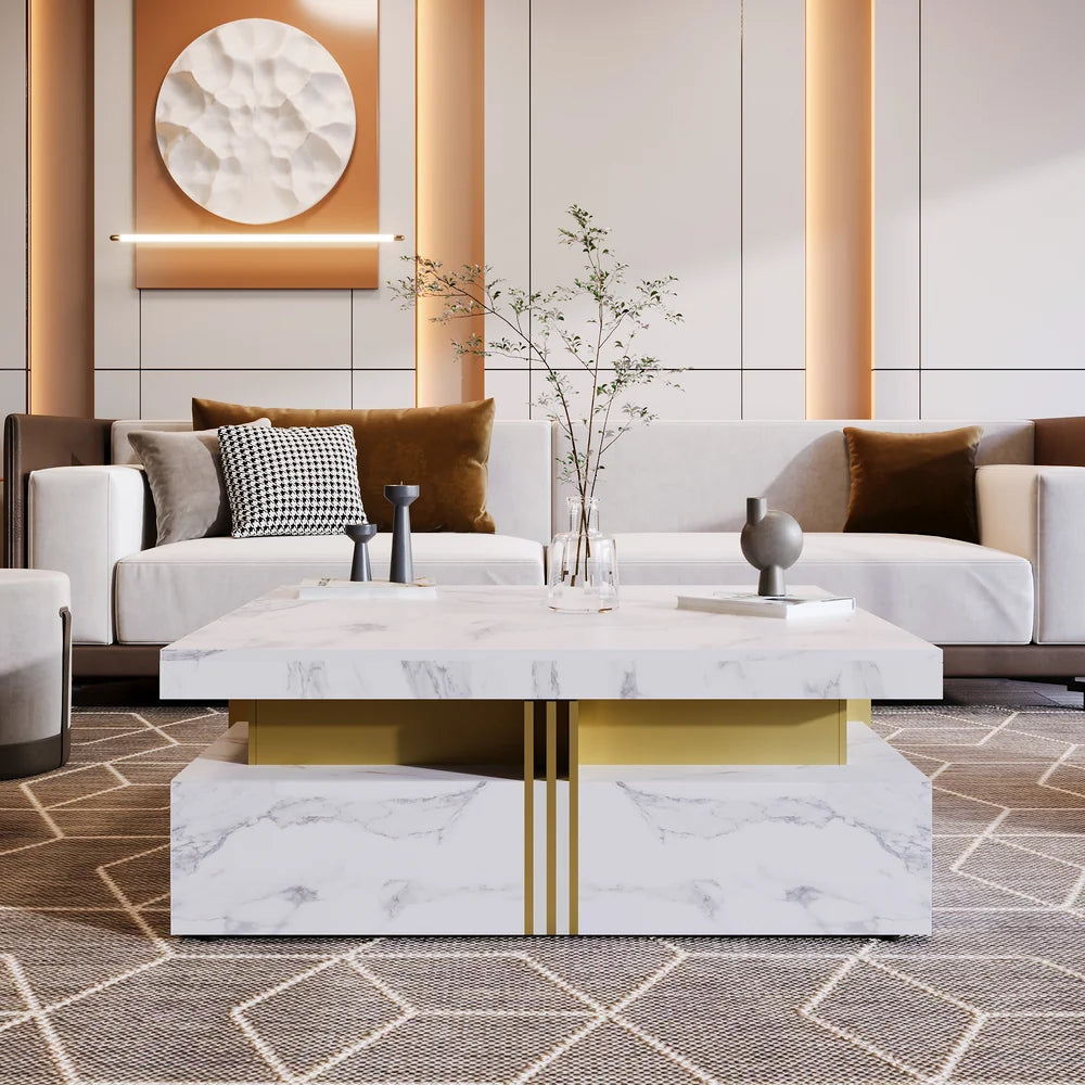 43.3" Modern Square Coffee Table with 4 Storage Drawers