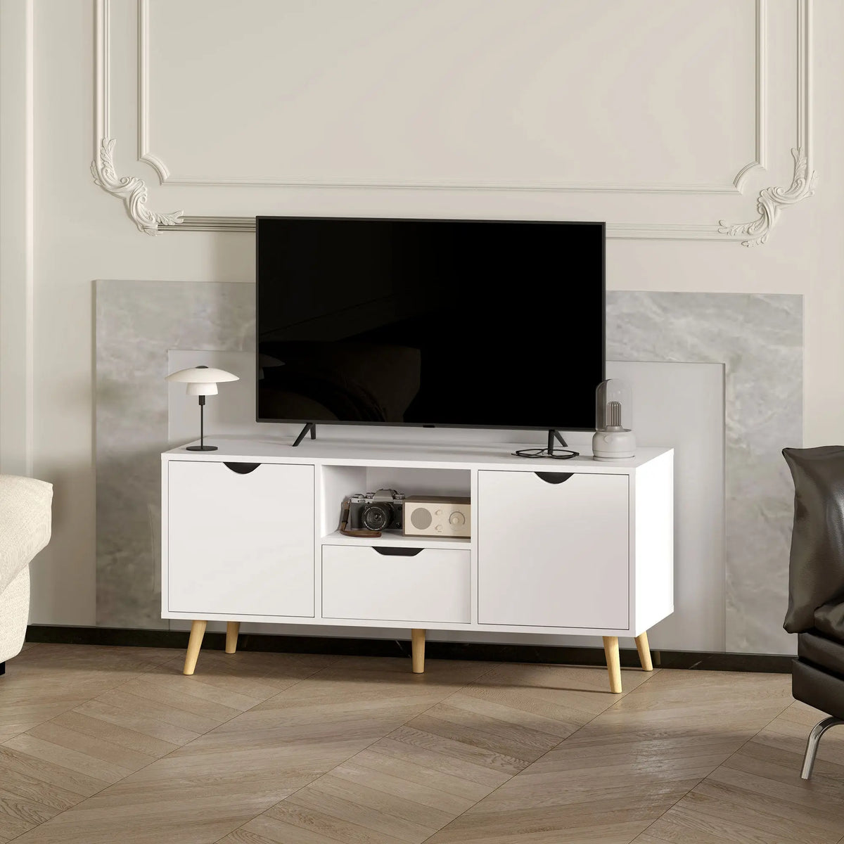 43.3" White TV Stand for TVs up to 50" with Drawer & Cabinets