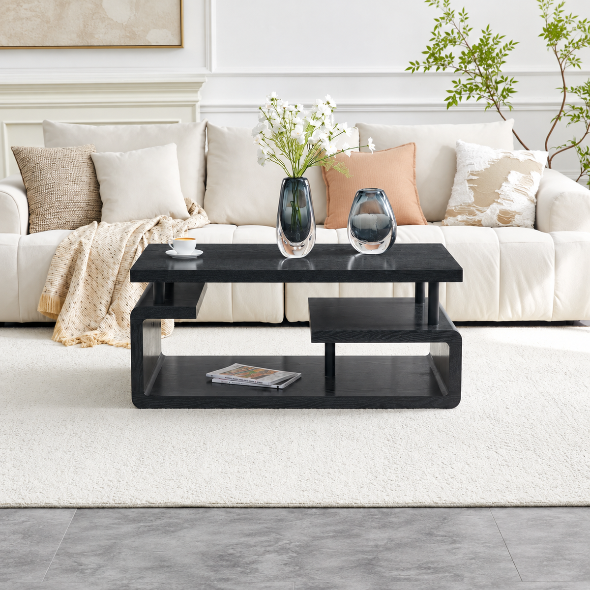 43.5" Modern Black Coffee Table with Storage Shelves