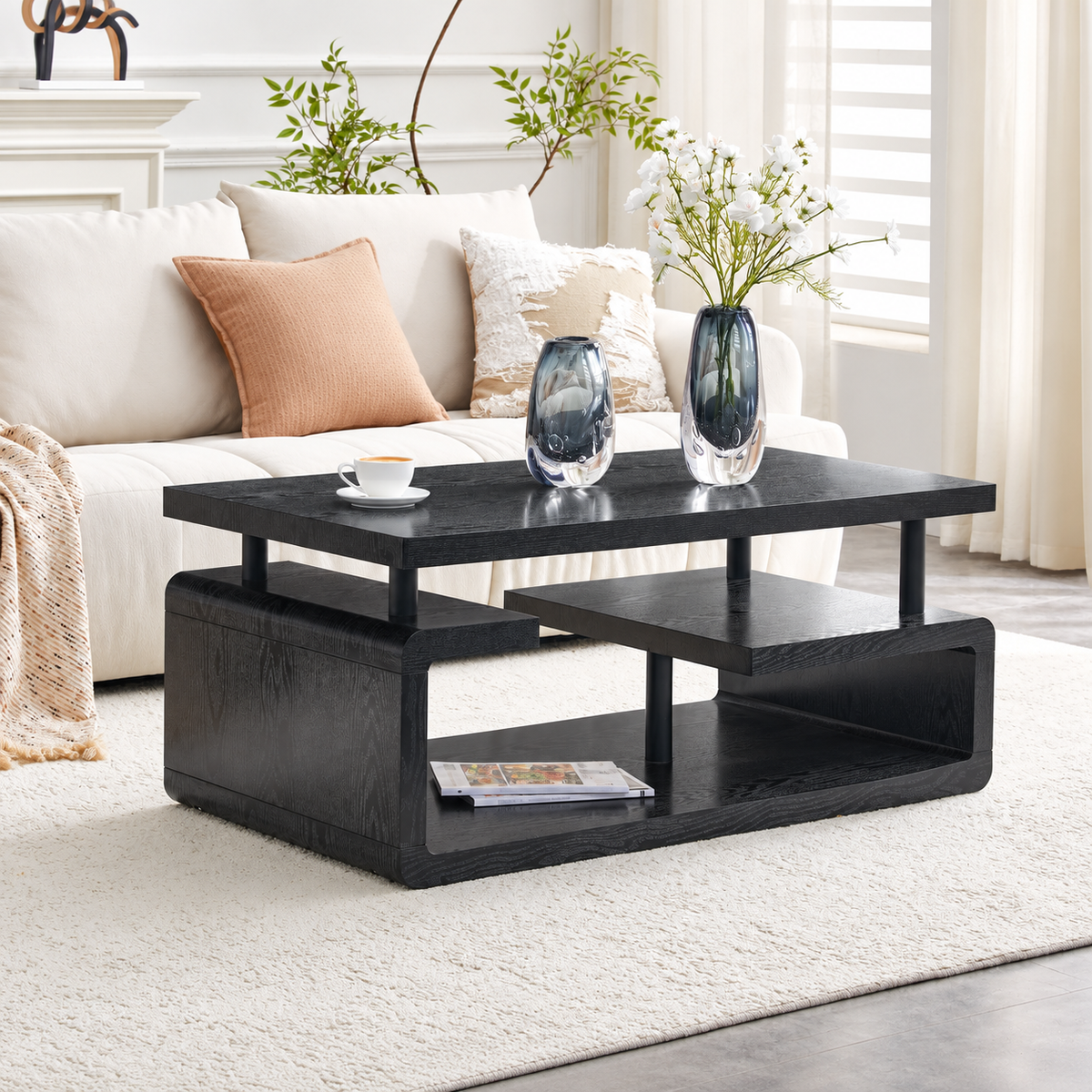 43.5" Modern Black Coffee Table with Storage Shelves