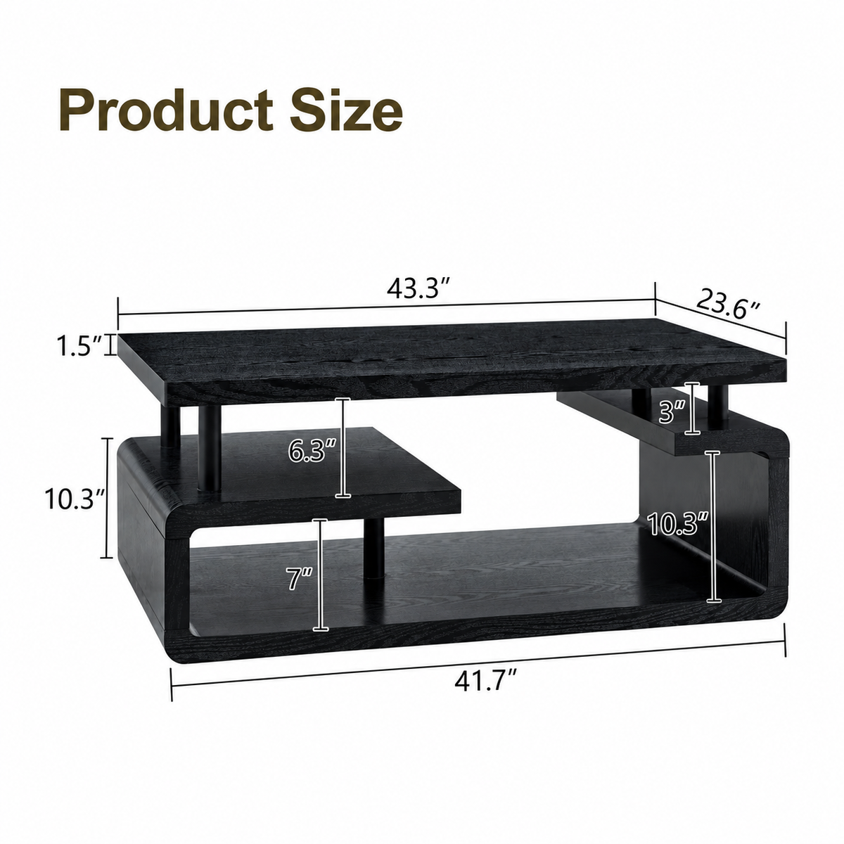 43.5" Modern Black Coffee Table with Storage Shelves