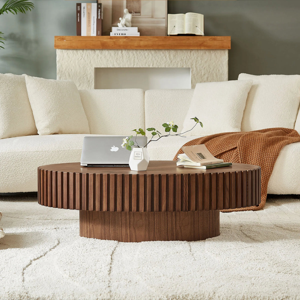 43.7" Oval Fluted Coffee Table with Pedestal Base