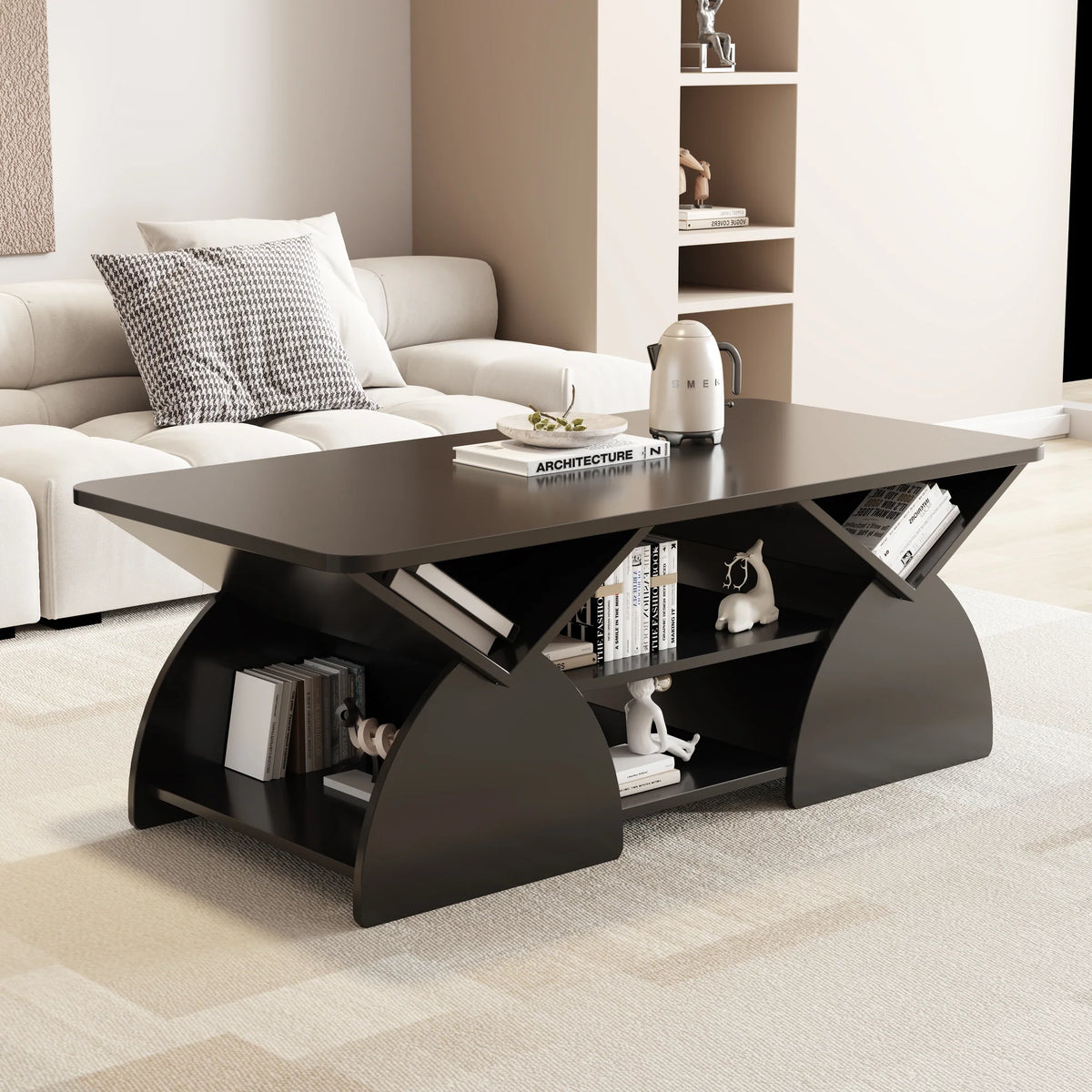 47.25" Modern Rectangular Coffee Table with Storage Shelves