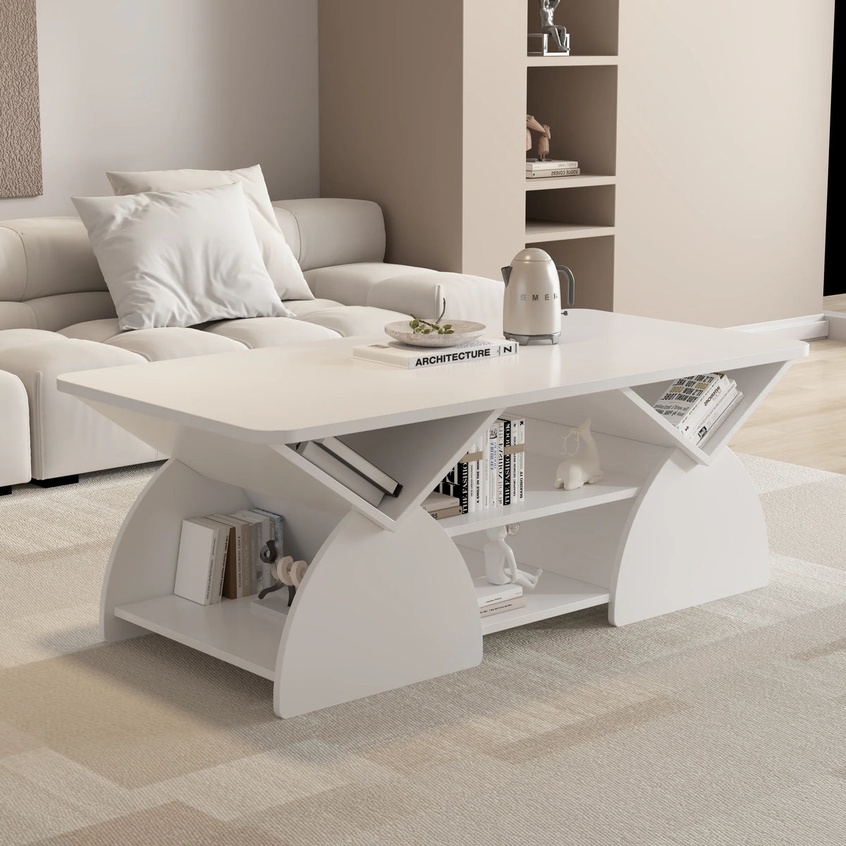 47.25" Modern Rectangular Coffee Table with Storage Shelves