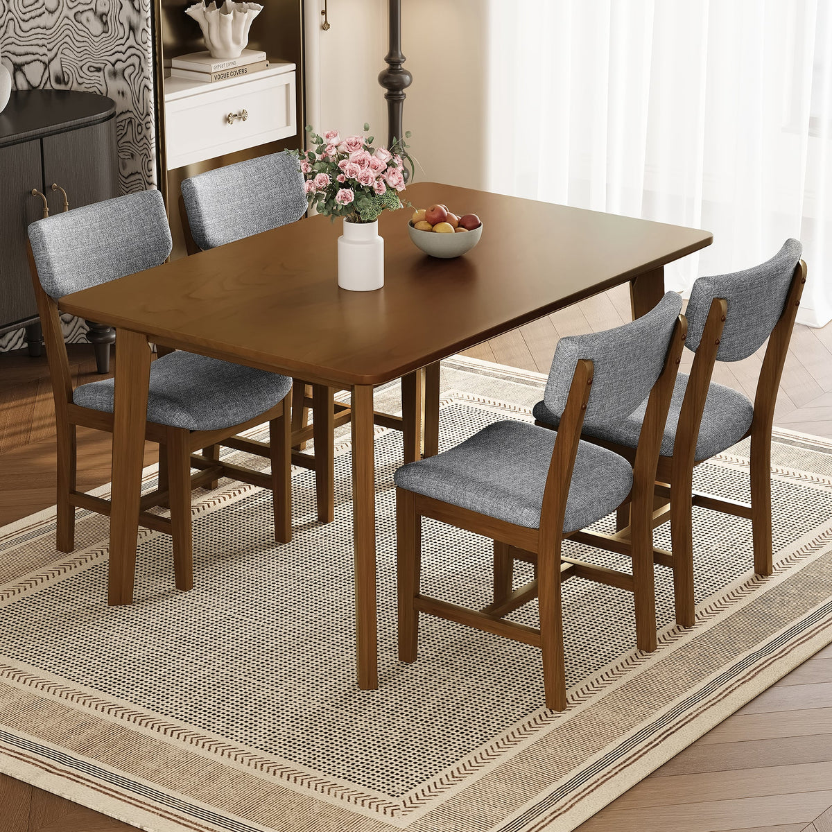 5-Piece Dining Table Set for 4 – 47.24" Rectangular Table with Gray Upholstered Chairs