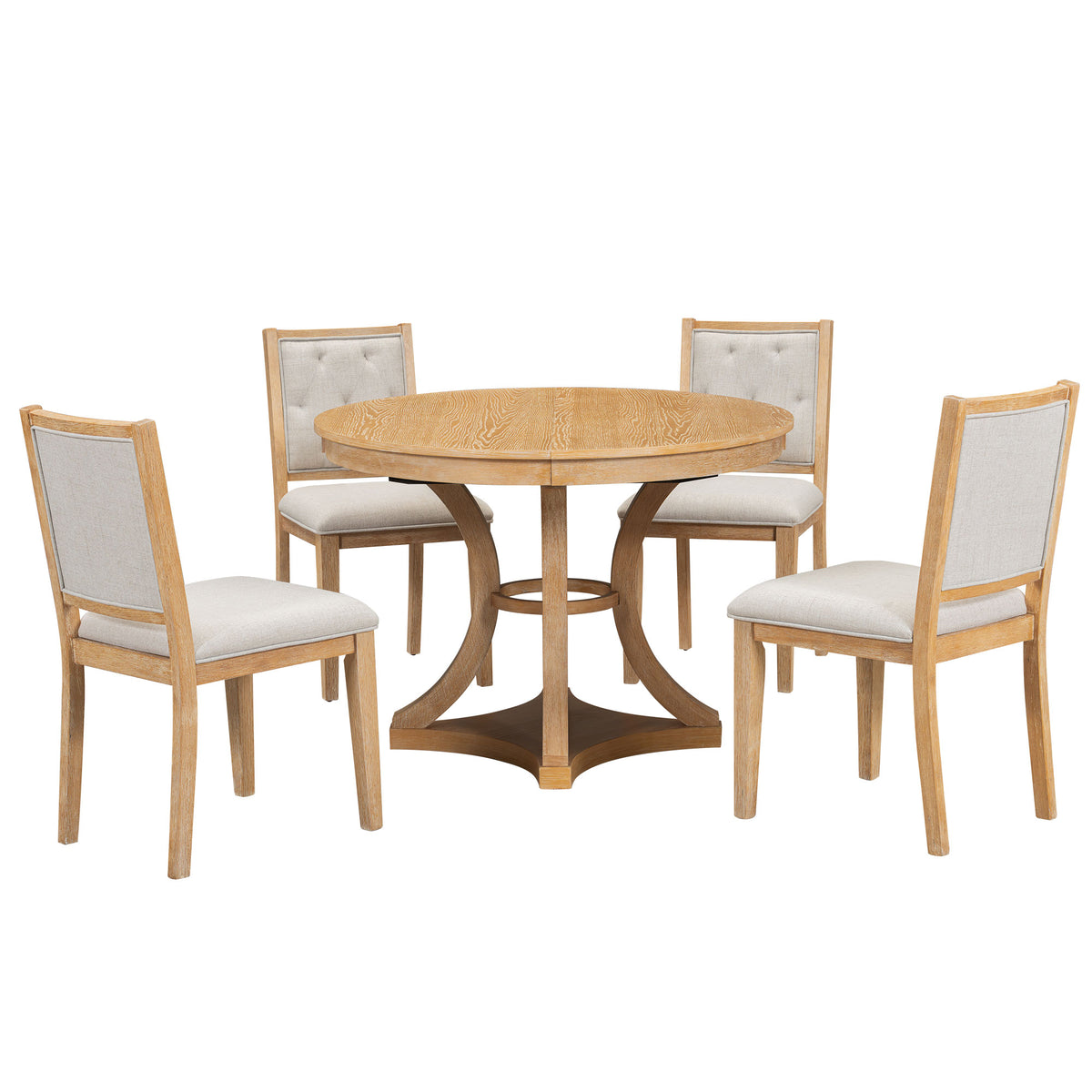 5-Piece Extendable Round Dining Table Set for 4 – 42"–58" Natural Wood Finish with Tufted Chairs