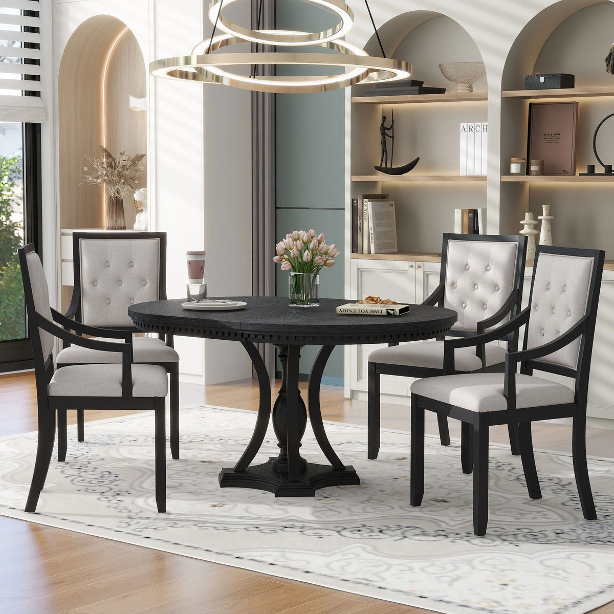5-Piece Extendable Round Dining Table Set for 4 – 42"–58" Table with Upholstered Armchairs