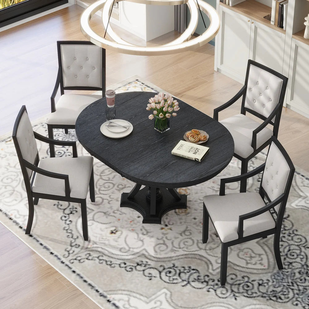 5-Piece Extendable Round Dining Table Set for 4 – 42"–58" Table with Upholstered Armchairs