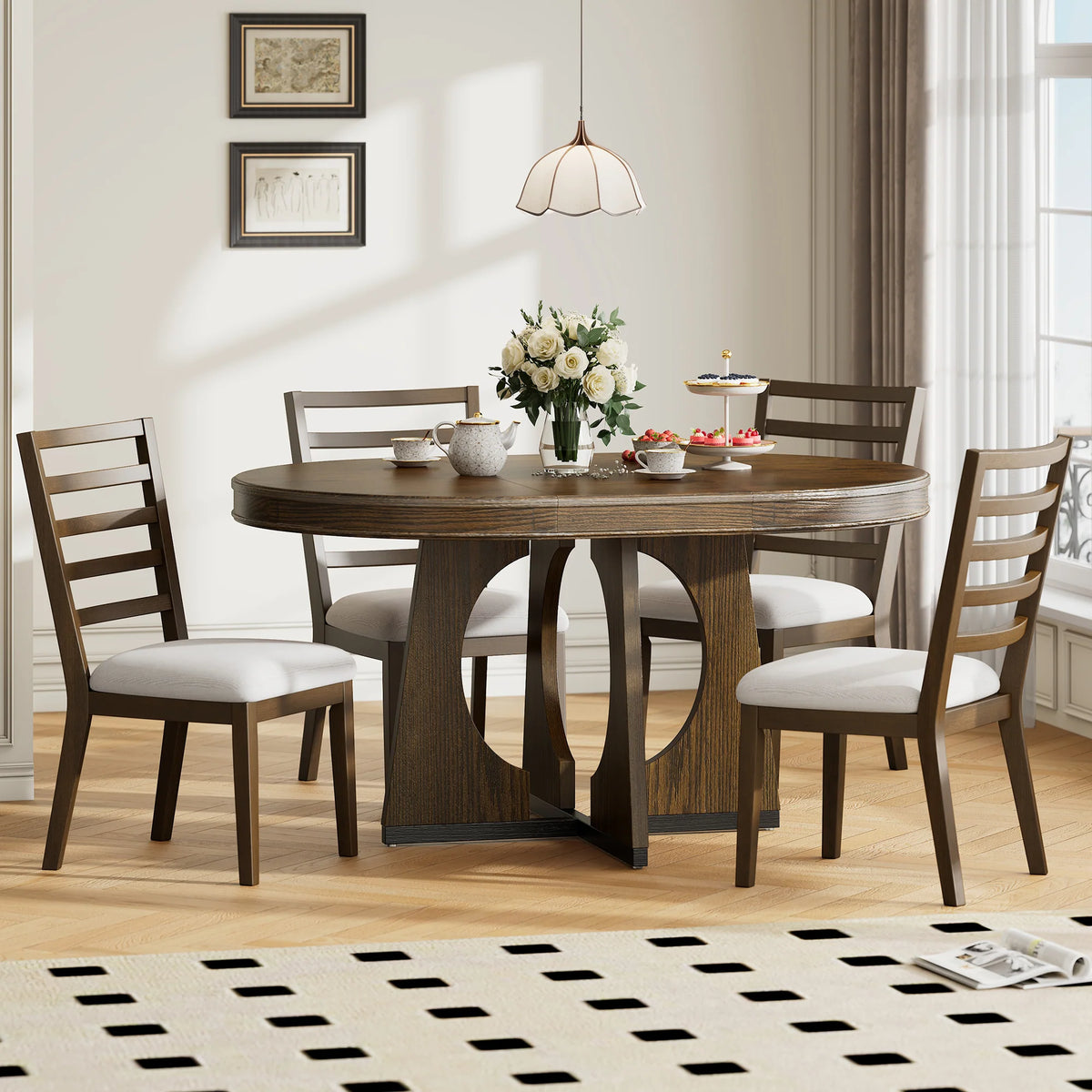 5-Piece Extendable Round Dining Table Set for 4 – 42"–58" Table with Upholstered Ladder-Back Chairs