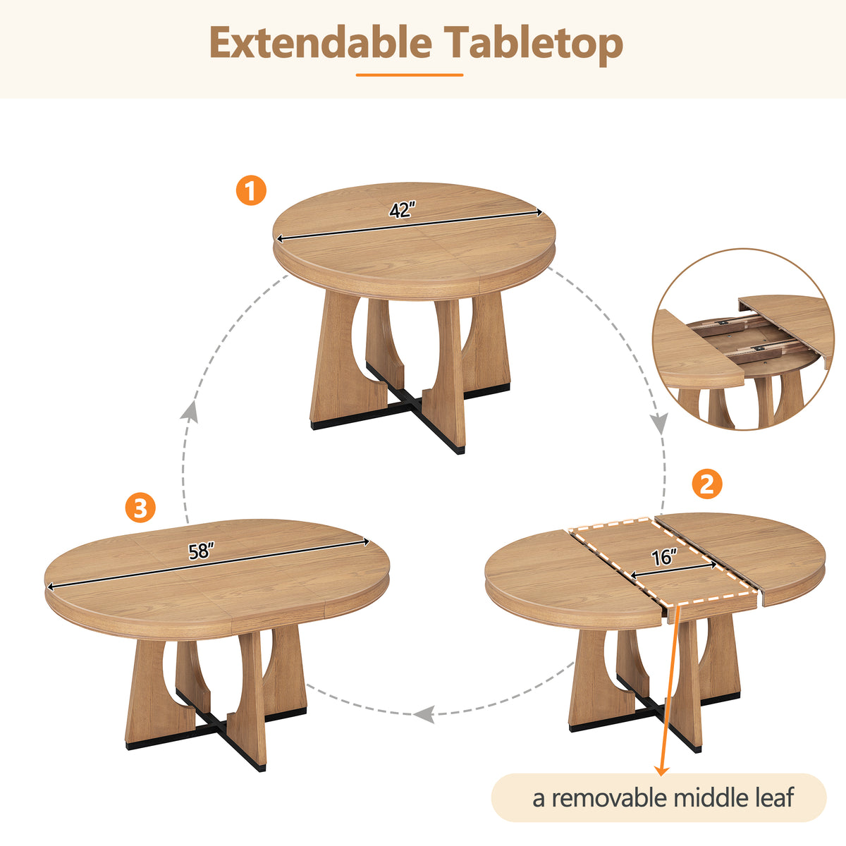 5-Piece Extendable Round Dining Table Set for 4 – 42"–58" Table with Upholstered Ladder-Back Chairs