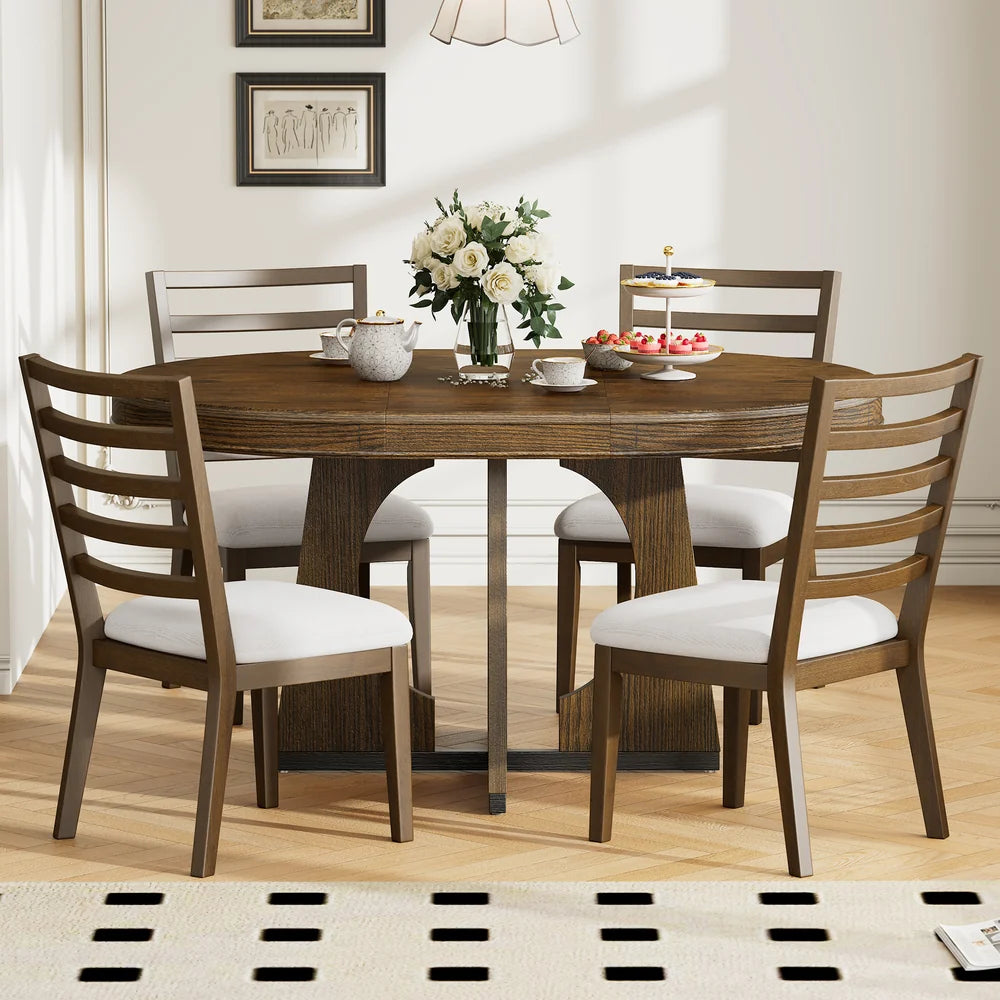5-Piece Extendable Round Dining Table Set for 4 – 42"–58" Table with Upholstered Ladder-Back Chairs