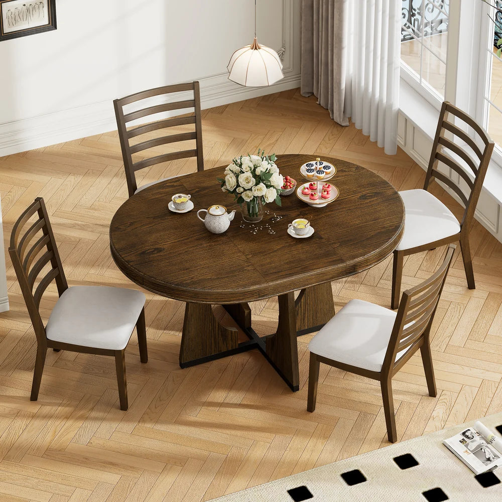 5-Piece Extendable Round Dining Table Set for 4 – 42"–58" Table with Upholstered Ladder-Back Chairs