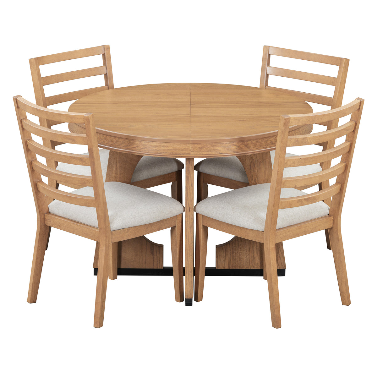 5-Piece Extendable Round Dining Table Set for 4 – 42"–58" Table with Upholstered Ladder-Back Chairs