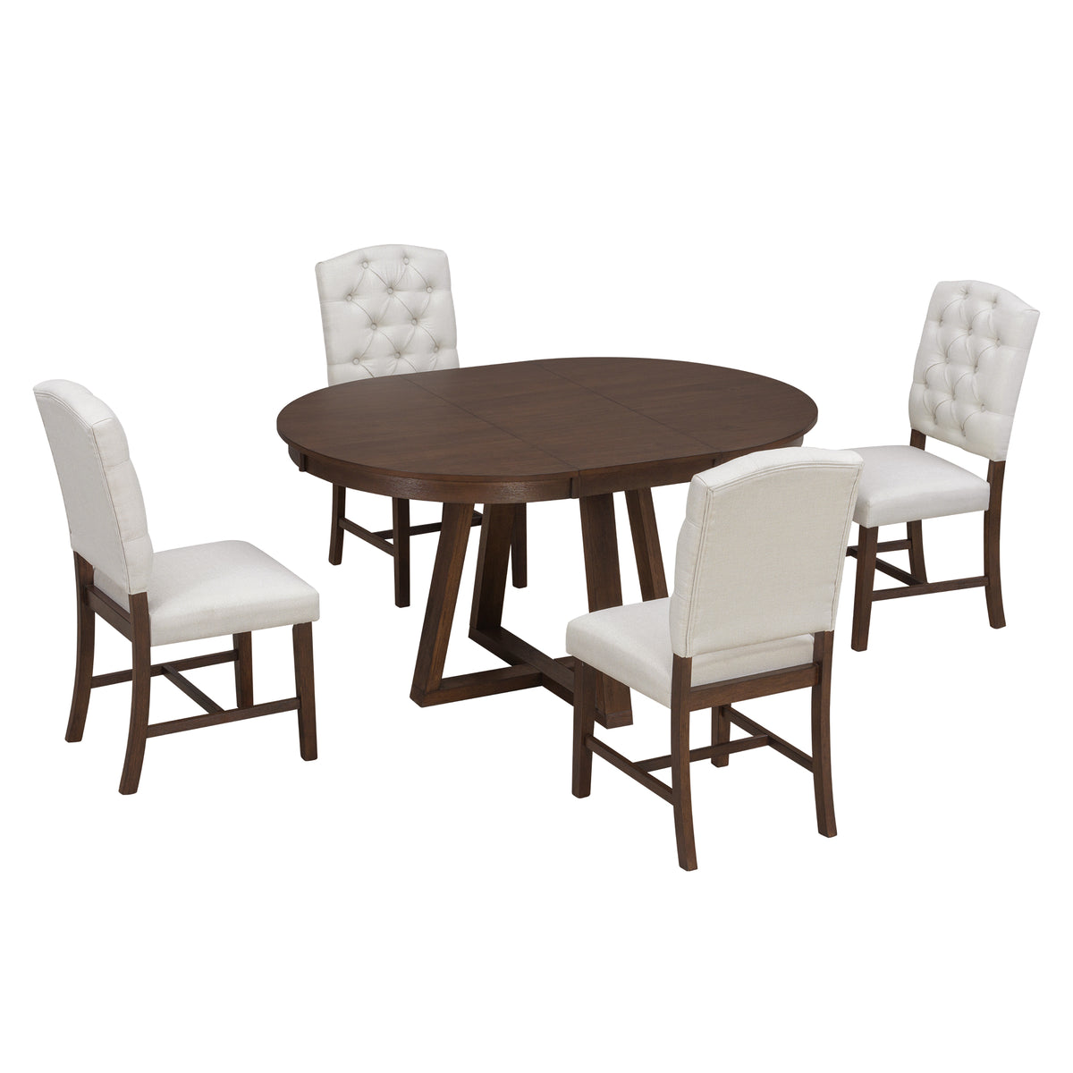 5-Piece Extendable Round Dining Table Set for 4 – 42"–58" Walnut Finish with Tufted Upholstered Chairs