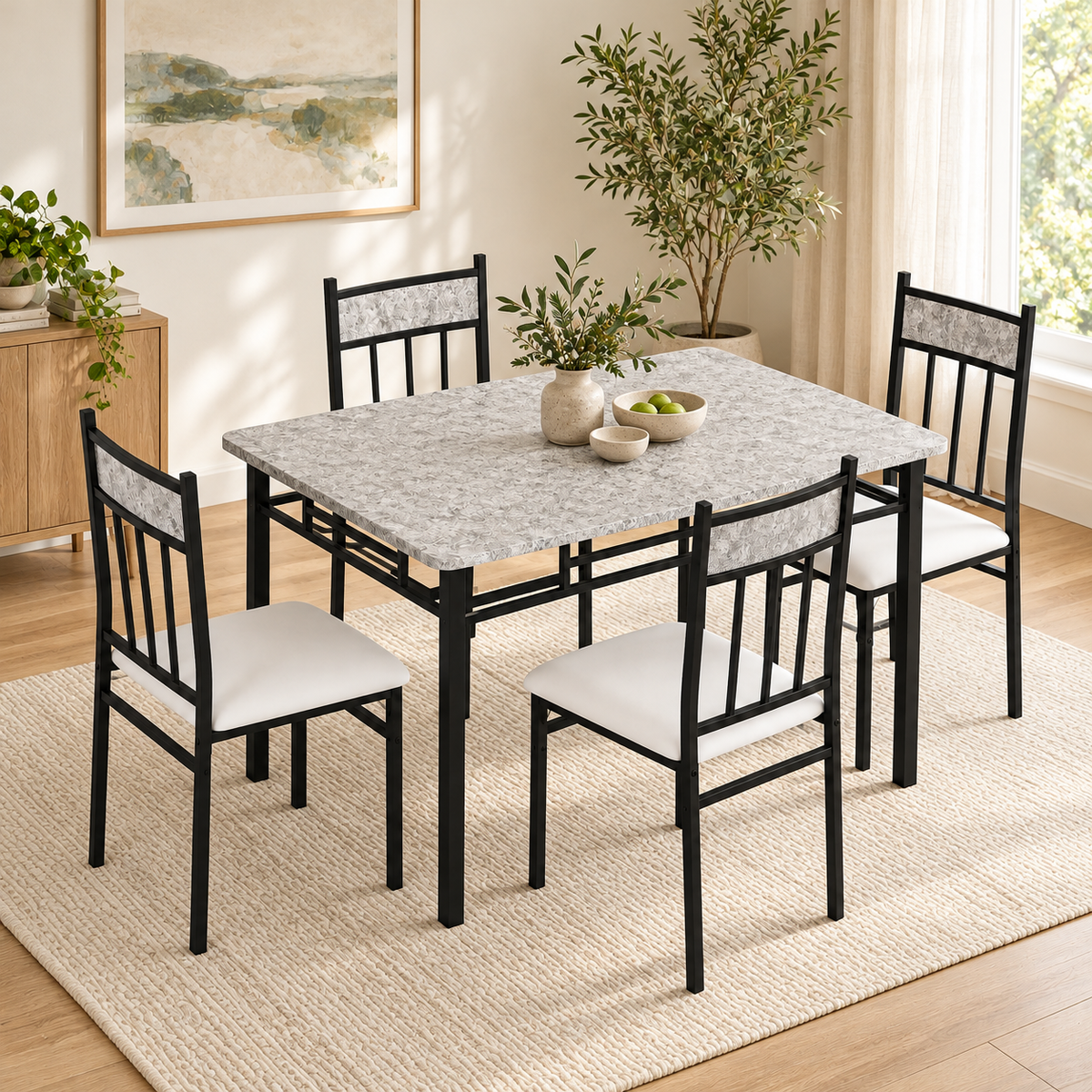 5-Piece Faux Marble Dining Table Set for 4 – 43.5" Gray Table with White Padded Chairs