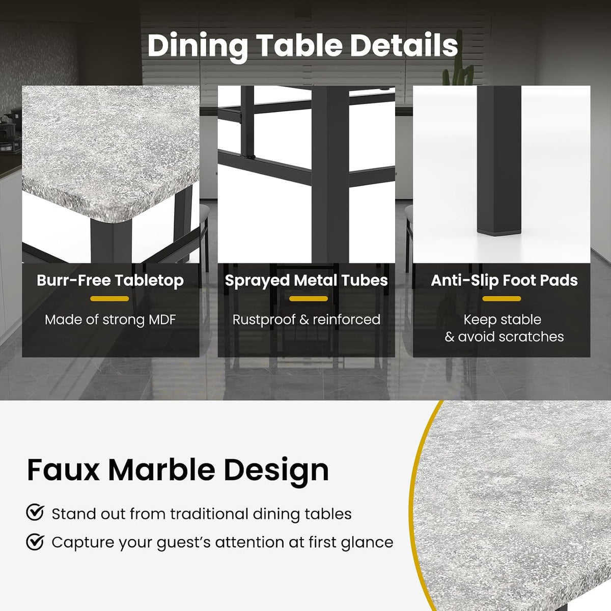 5-Piece Faux Marble Dining Table Set for 4 – 43.5" Gray Table with White Padded Chairs