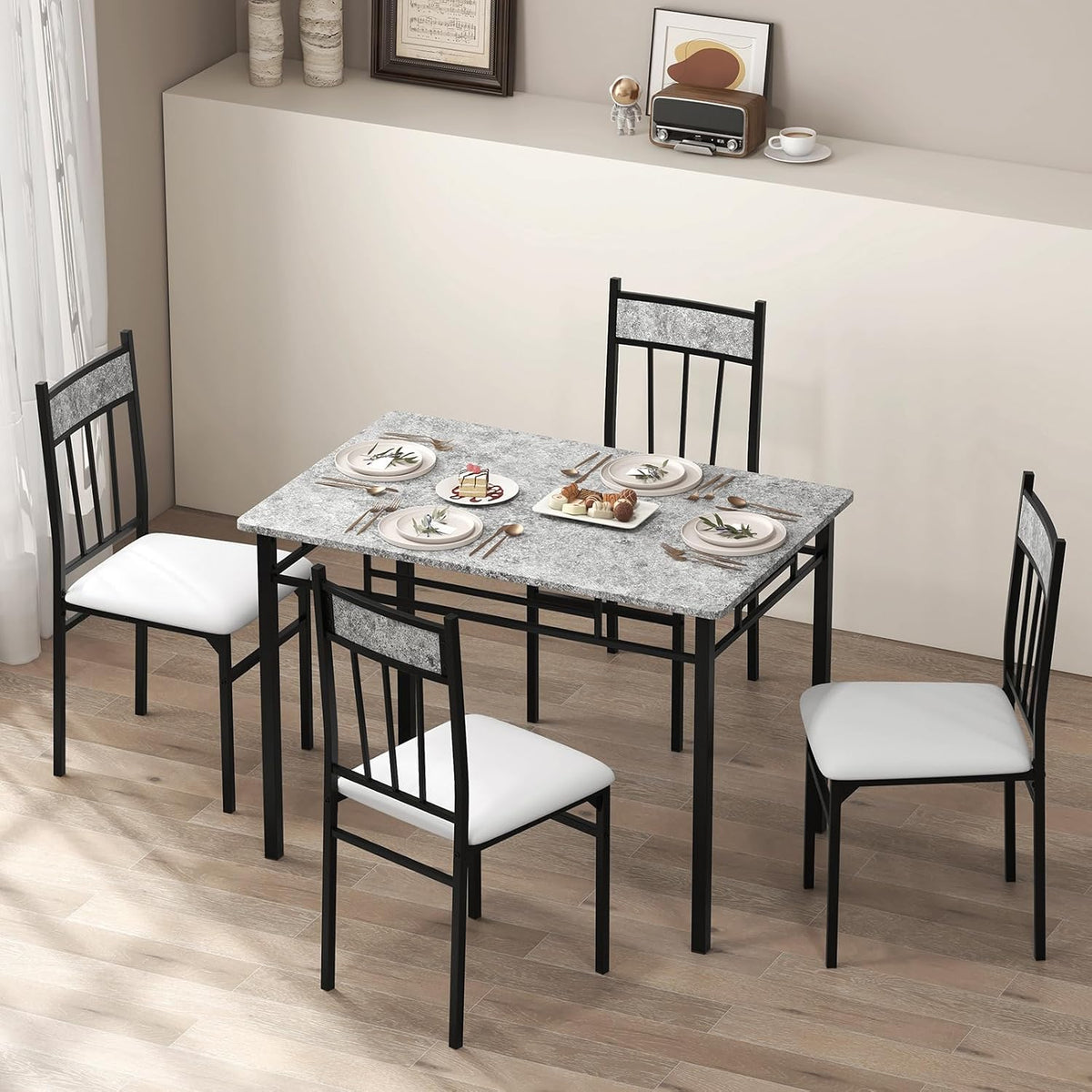 5-Piece Faux Marble Dining Table Set for 4 – 43.5" Gray Table with White Padded Chairs