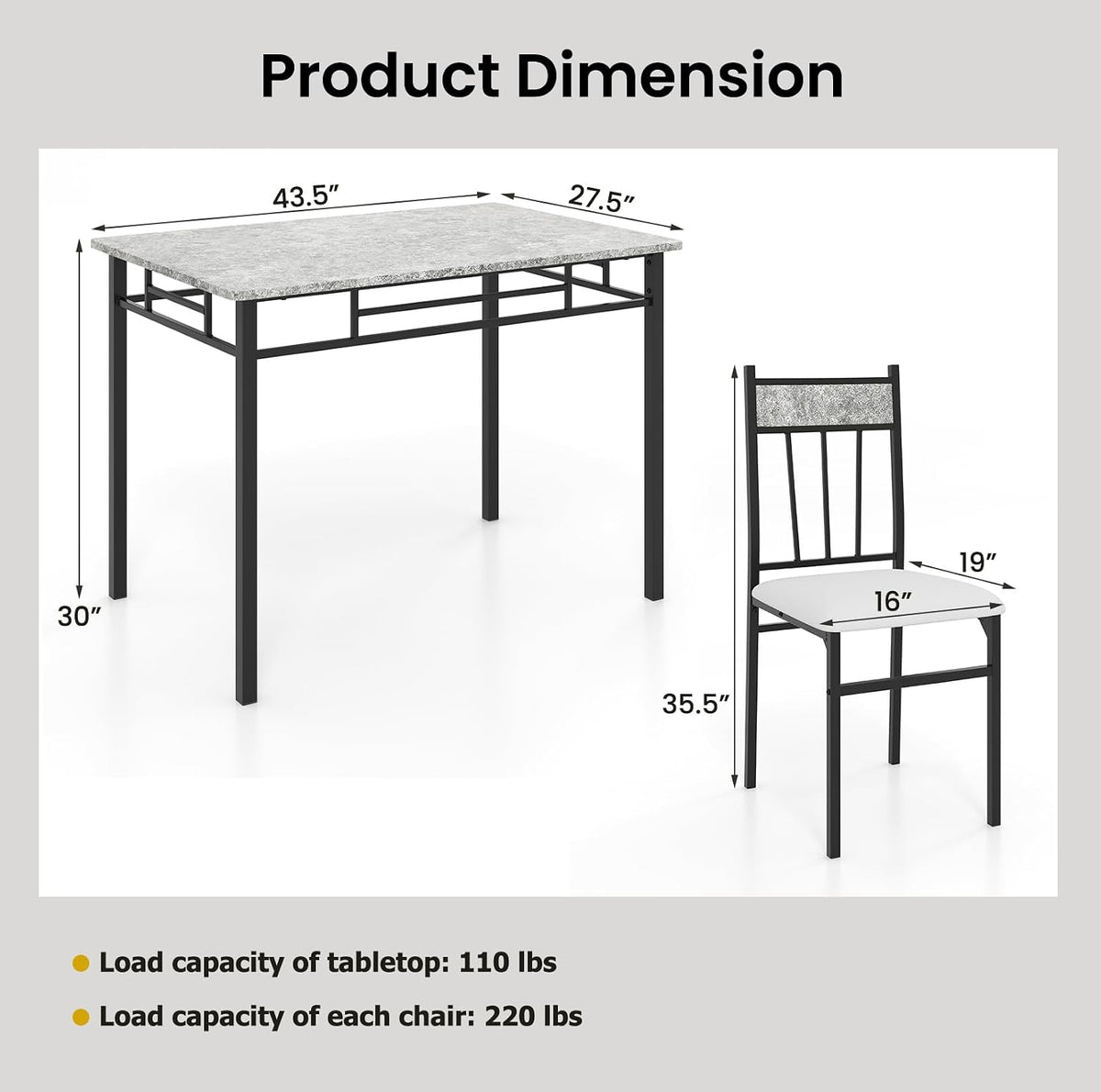 5-Piece Faux Marble Dining Table Set for 4 – 43.5" Gray Table with White Padded Chairs