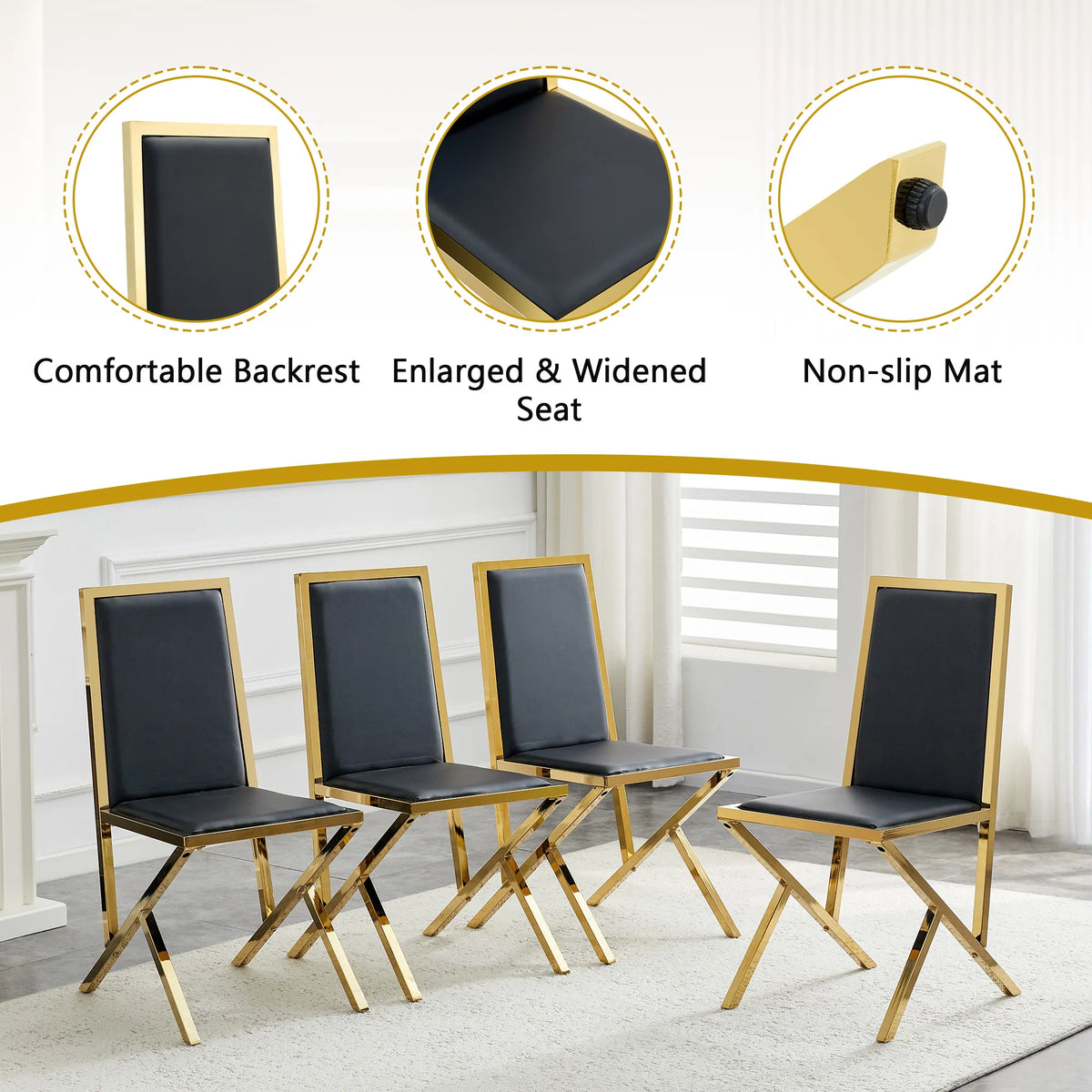5-Piece Glass Dining Table Set for 4 – 51" Table with Black & Gold Upholstered Chairs