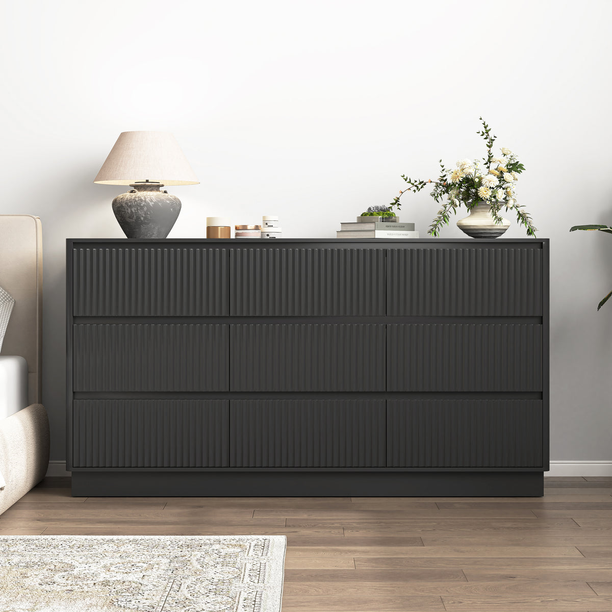59.1" Fluted TV Stand with 9 Drawers – Modern Dresser in White or Black