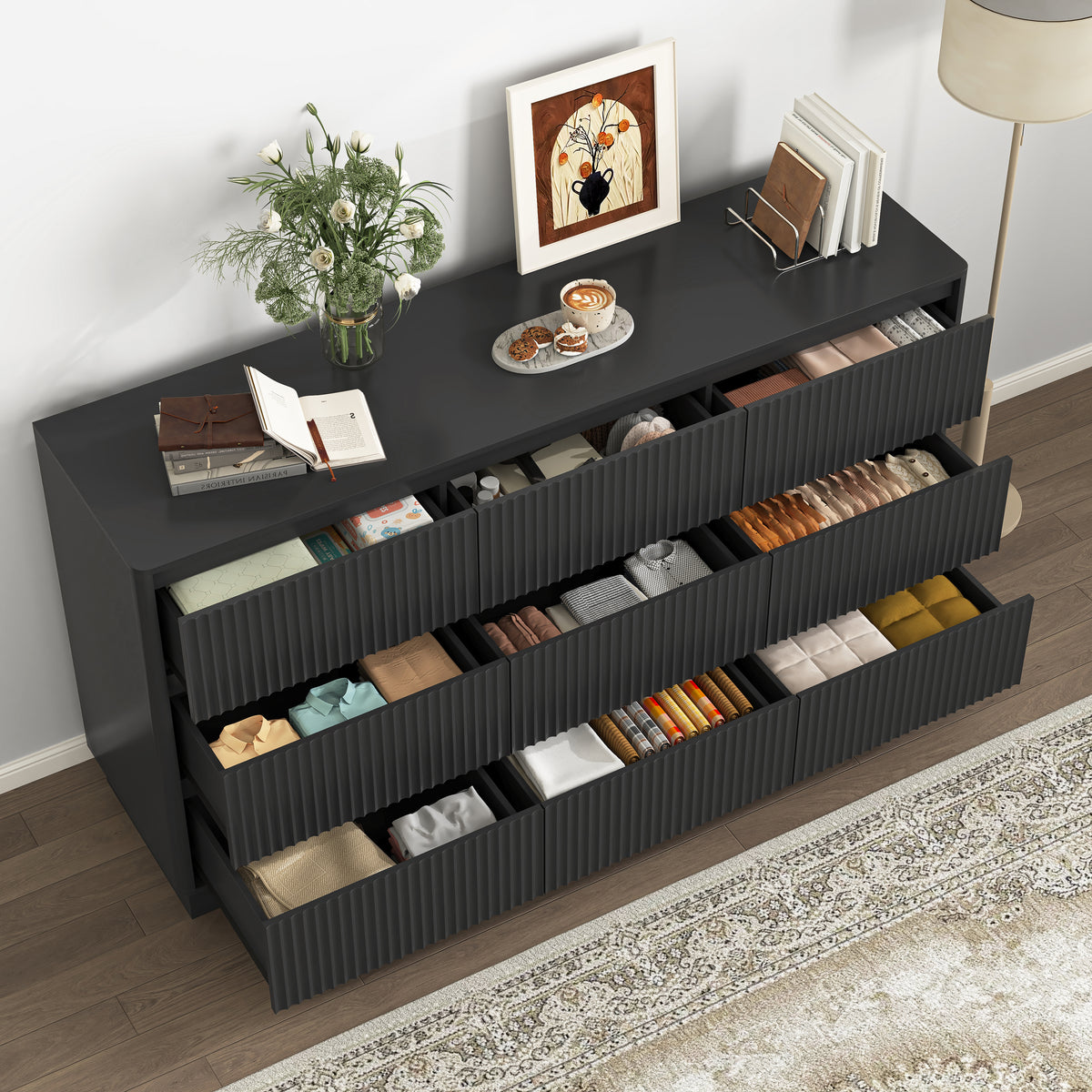 59.1" Fluted TV Stand with 9 Drawers – Modern Dresser in White or Black