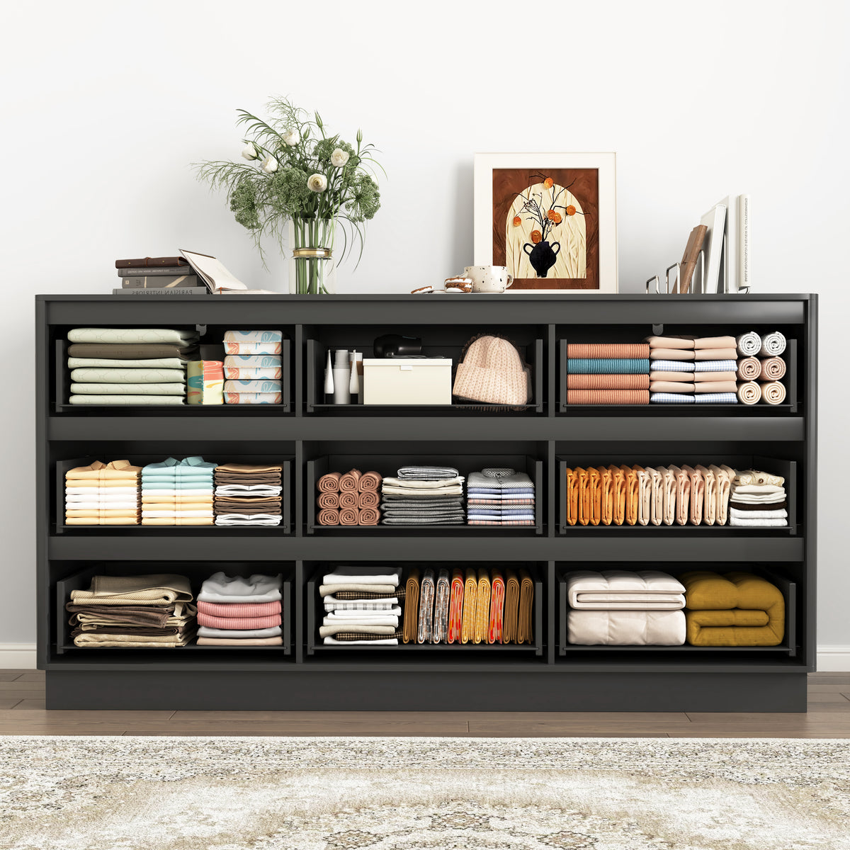 59.1" Fluted TV Stand with 9 Drawers – Modern Dresser in White or Black