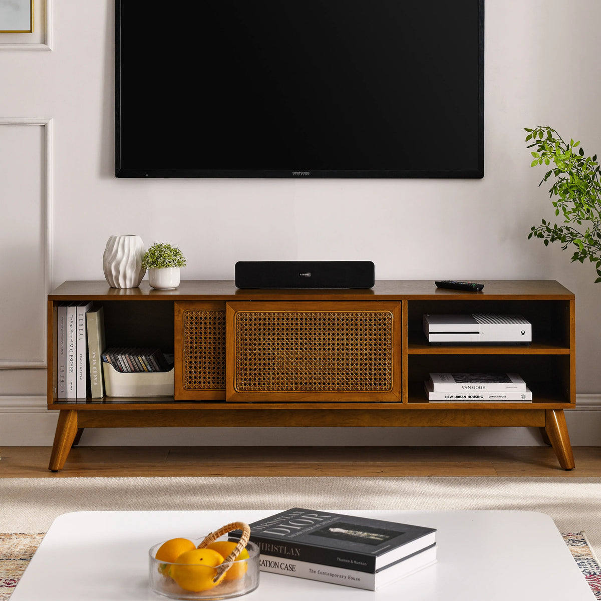 59" Mid-Century Rattan TV Stand with Sliding Doors & Storage