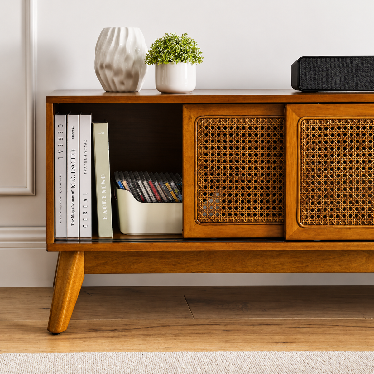 59" Mid-Century Rattan TV Stand with Sliding Doors & Storage