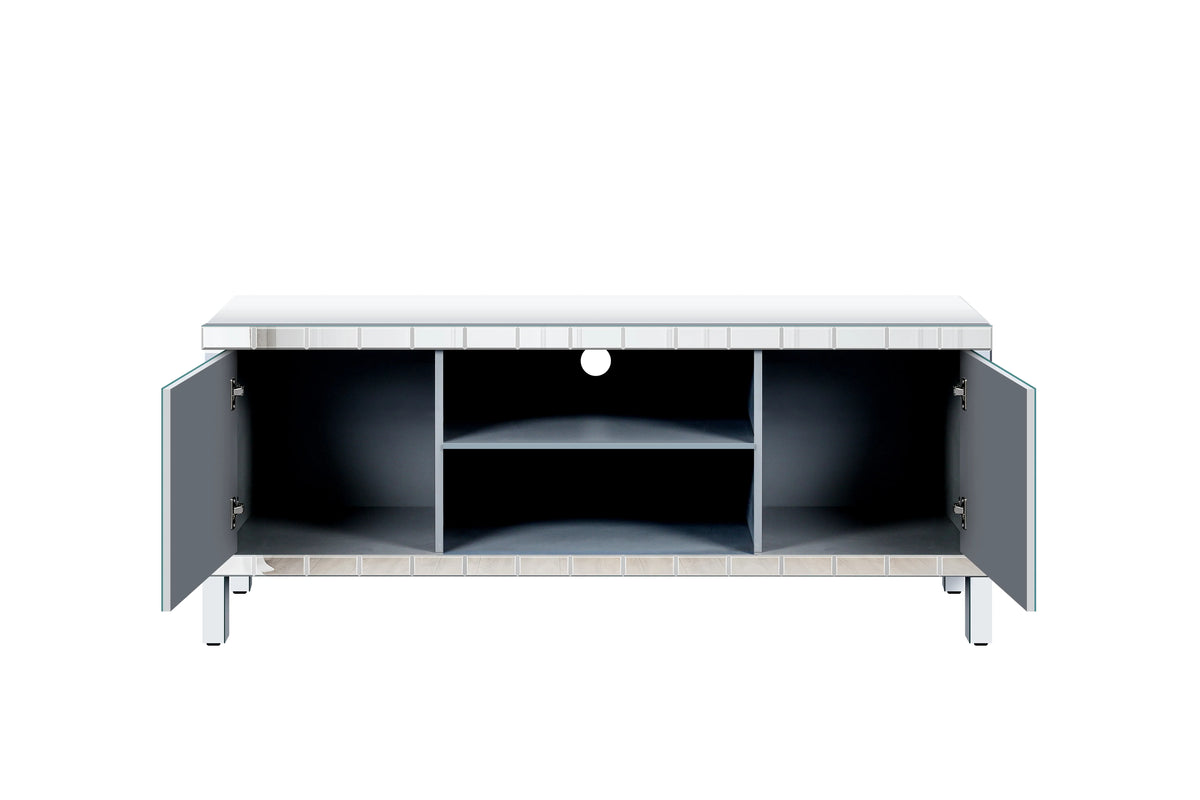 59" Silver Mirrored TV Stand with Storage & Diamond Door Accents