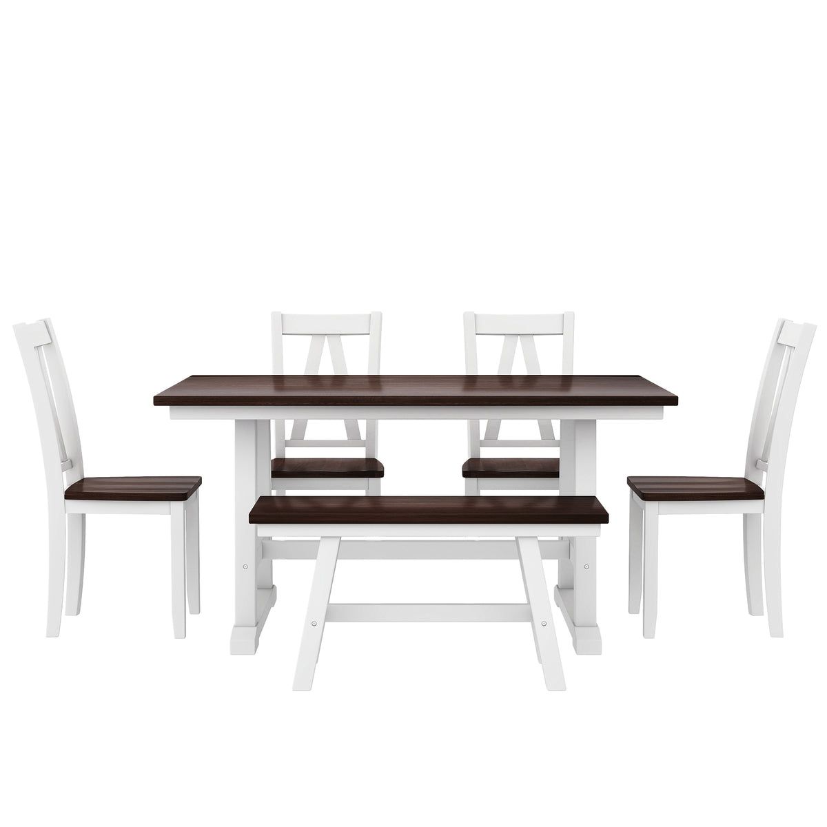 6-Piece Farmhouse Dining Table Set for 6 – 59" Espresso & White Table with Chairs and Bench