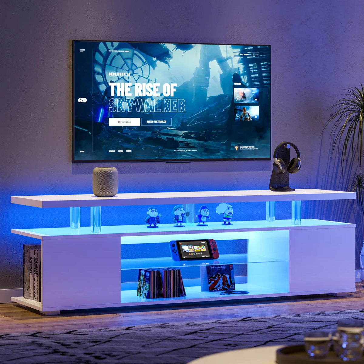 63" LED TV Stand with Storage – Modern Gaming Media Console in Gray or White