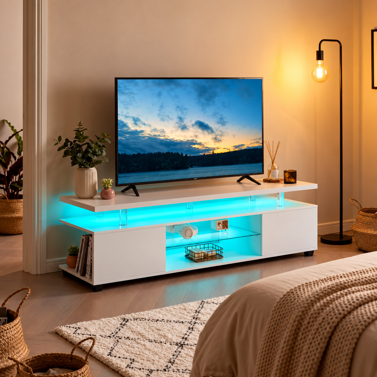 63" LED TV Stand with Storage – Modern Gaming Media Console in Gray or White