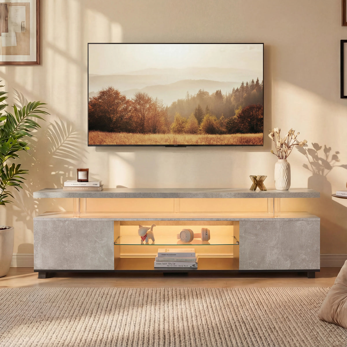 63" LED TV Stand with Storage – Modern Gaming Media Console in Gray or White