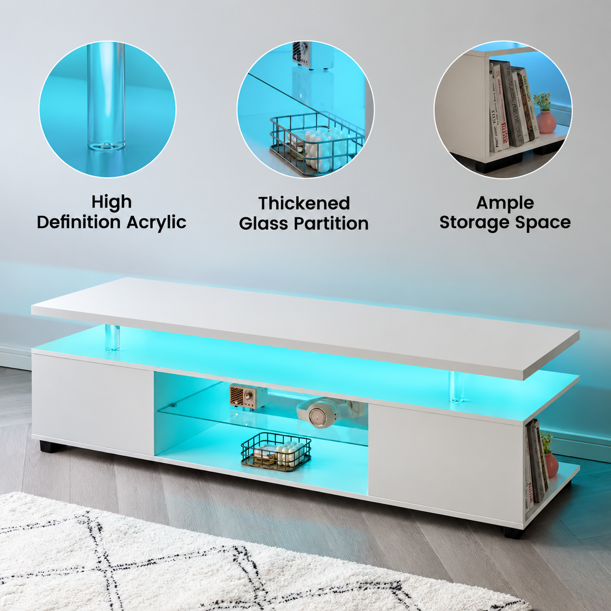 63" LED TV Stand with Storage – Modern Gaming Media Console in Gray or White