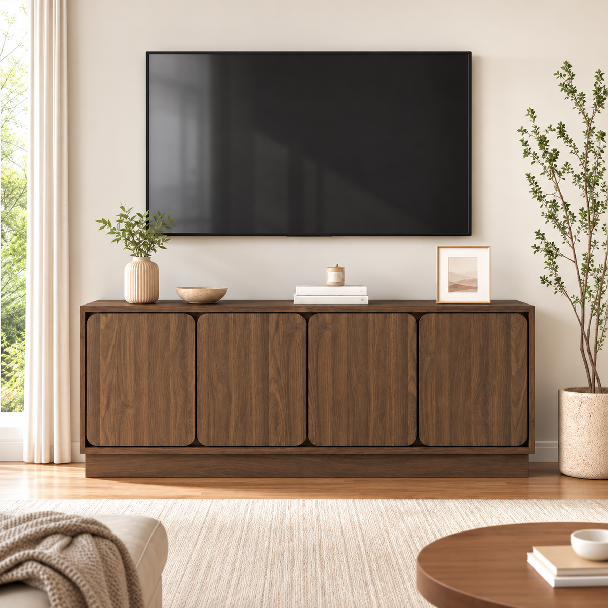 63" Modern TV Stand with 4 Doors & Storage – Black or Walnut