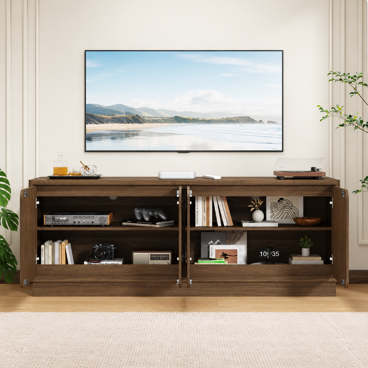 63" Modern TV Stand with 4 Doors & Storage – Black or Walnut