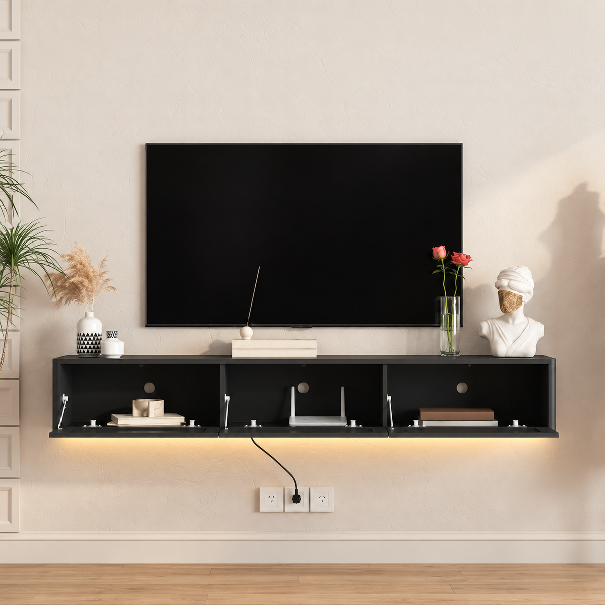 68.9" Floating TV Stand with LED Lights, Power Outlets & Storage – Walnut or Black