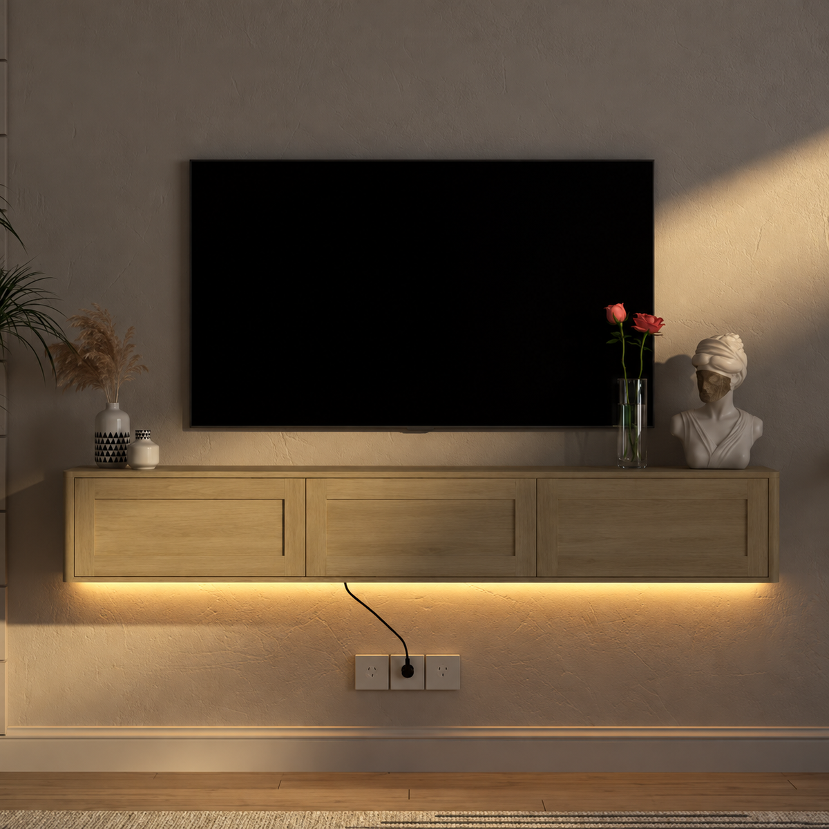 68.9" Floating TV Stand with LED Lights, Power Outlets & Storage – Walnut or Black